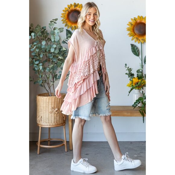 Oli & Hali Washed Lace Tiered Tie Front Detail Sleeveless Top NEW Size XL - Picture 5 of 7